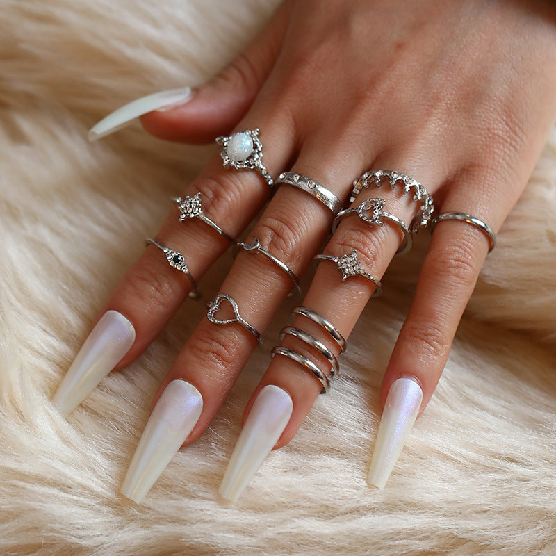 Vintage Opal Rhinestone Star Moon Stackable Ring Set