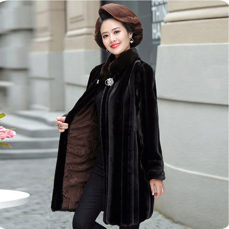 Women's Warm Long Faux Mink & Leather Jacket