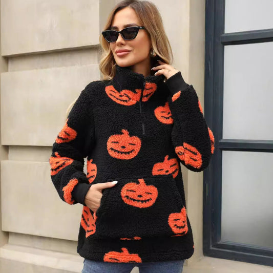 Euro-American Style Plush Half-Zipper Pumpkin Halloween Sweatshirt