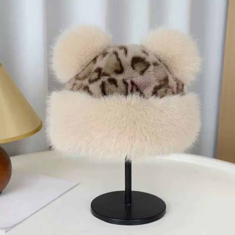 Leopard Pattern Bear Ear Thick Warm Fisherman Bucket Hat