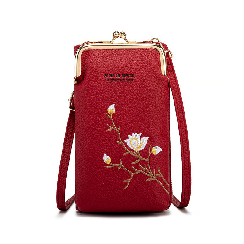 Women Sling Crossbody Wallet in red with floral design and gold accents for stylish and convenient carrying.