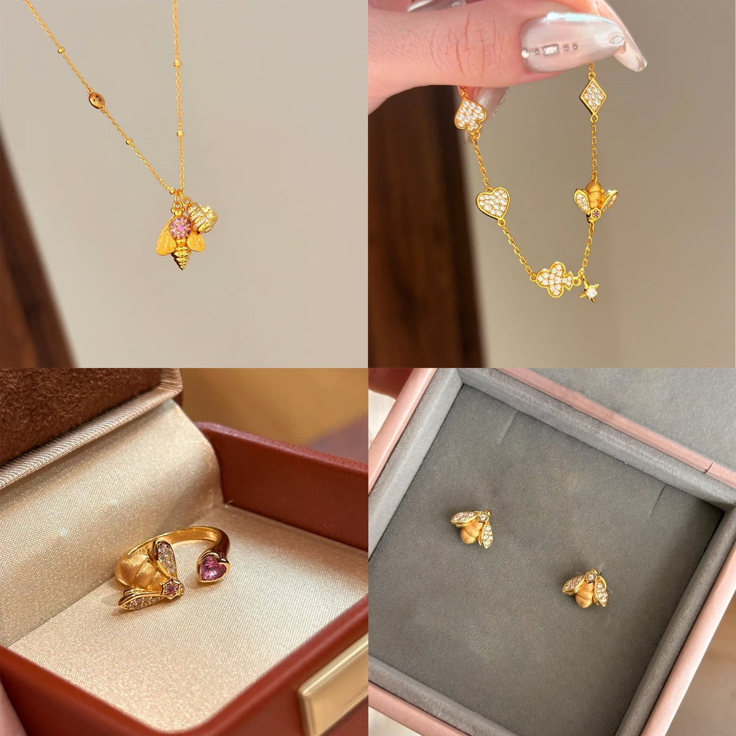Women's Chic Rhinestone Heart & Bee Design Ring