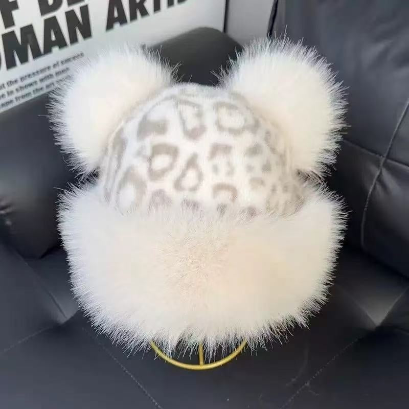 Leopard Pattern Bear Ear Thick Warm Fisherman Bucket Hat