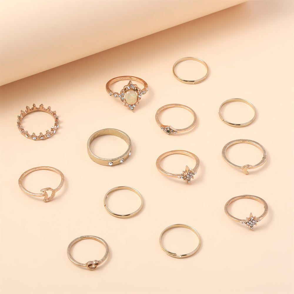 Vintage Opal Rhinestone Star Moon Stackable Ring Set