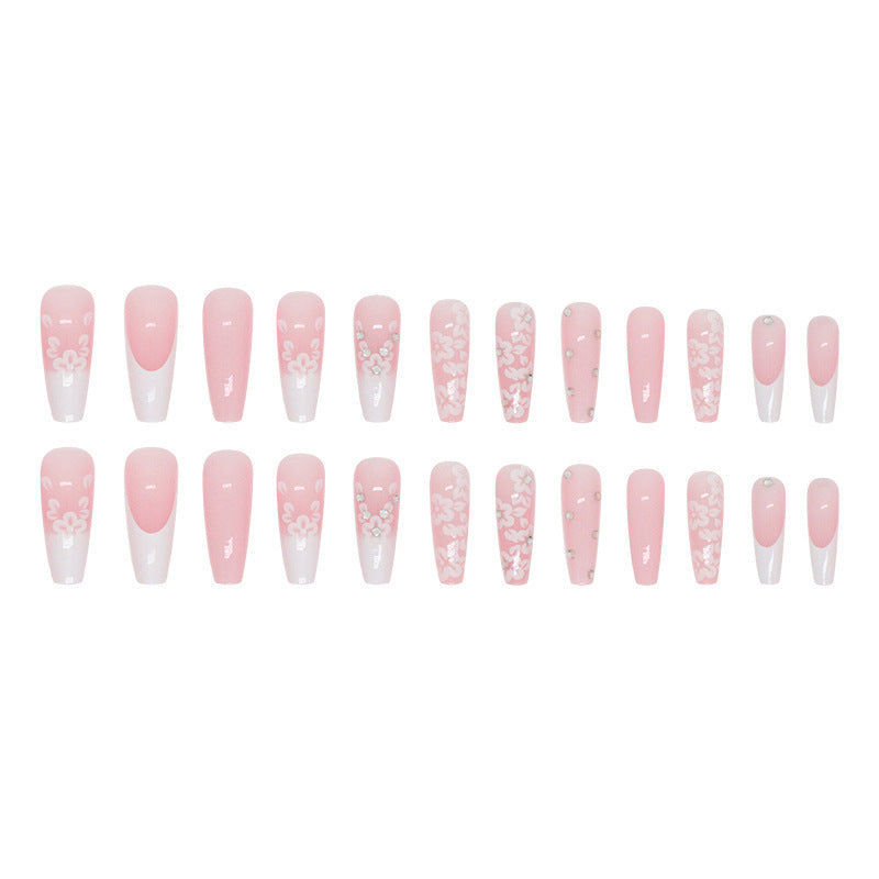 Luxury Long Ballerina Fake Nails: French & Rhinestone