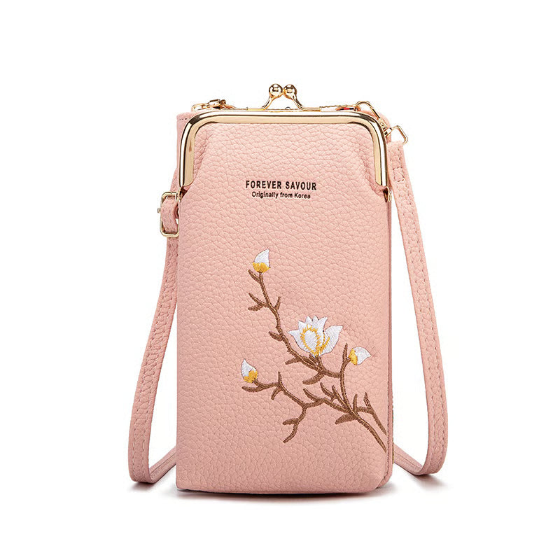 Women Sling Crossbody Wallet in pink with floral design and gold accents, ideal for stylish and convenient daily use.