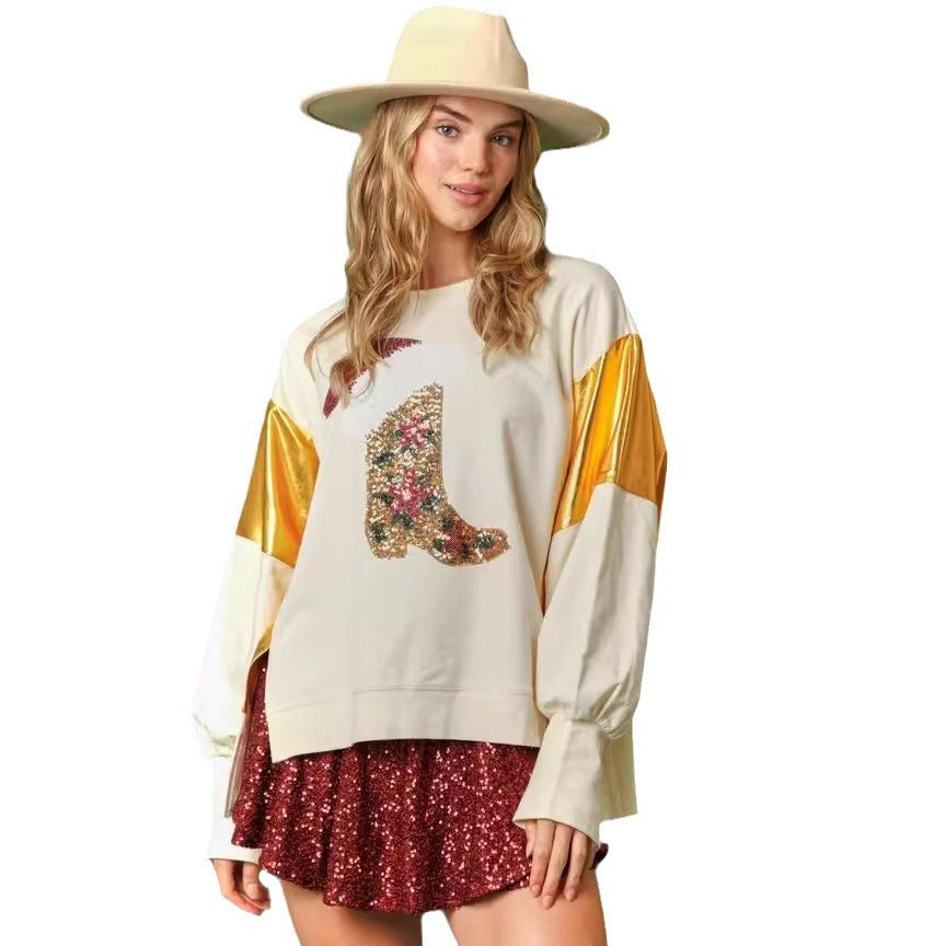 Casual Long Sleeve Sequined Christmas Graphic Sweatshirt
