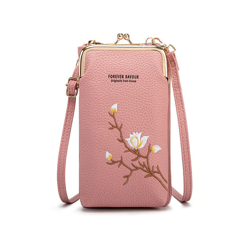 Women Sling Crossbody Wallet in pink with floral design, stylish and compact for modern women.