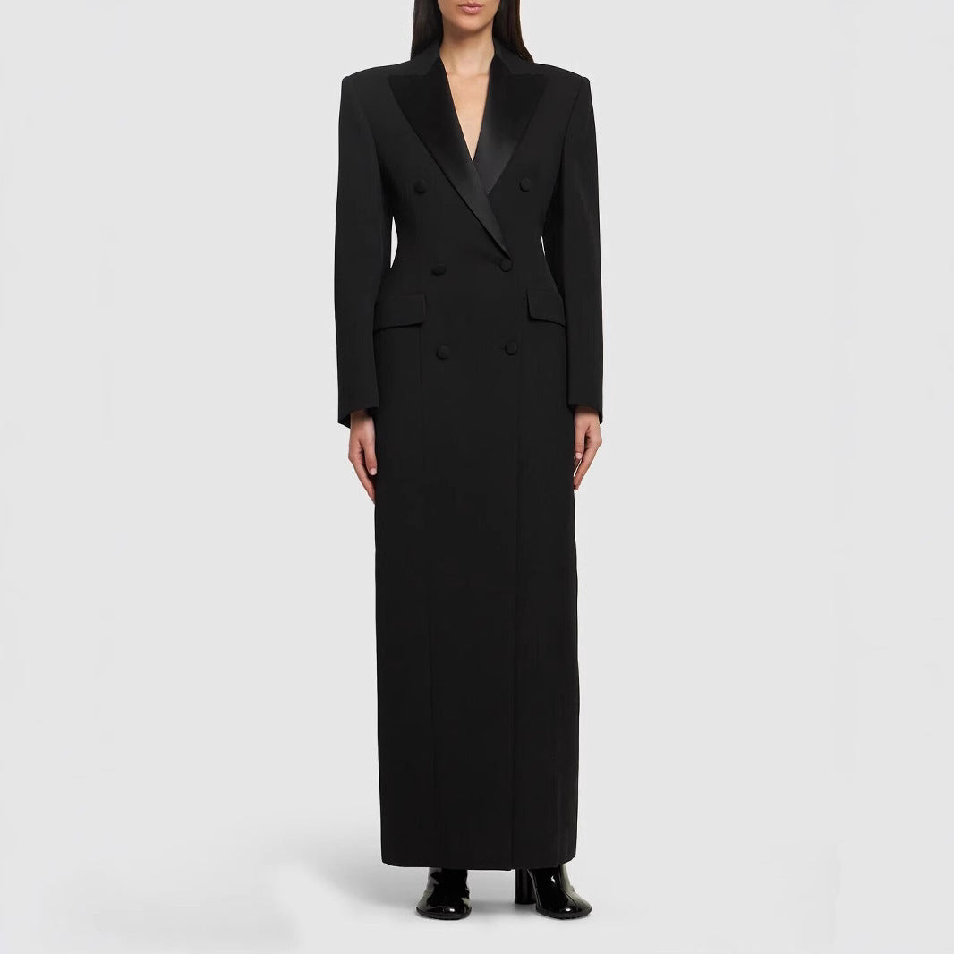 Women's Fashion Satin Inlaid Collar Black Trench