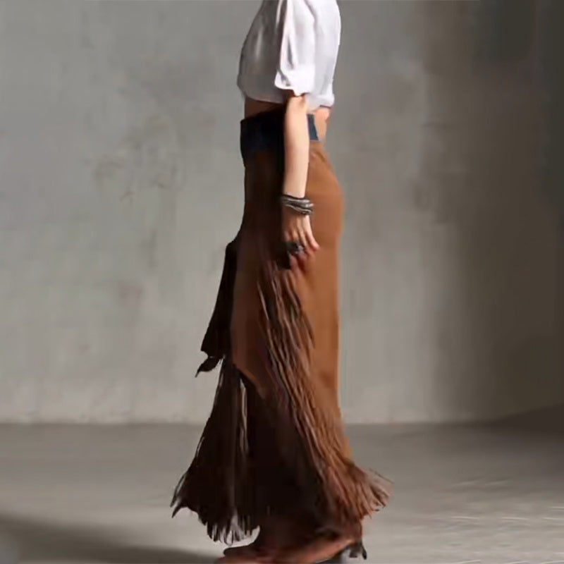 Women's Boho Patchwork Maxi Skirt with Fringe & Slit