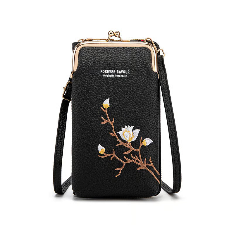Women Sling Crossbody Wallet in black with floral design, perfect for stylish and hands-free carrying.