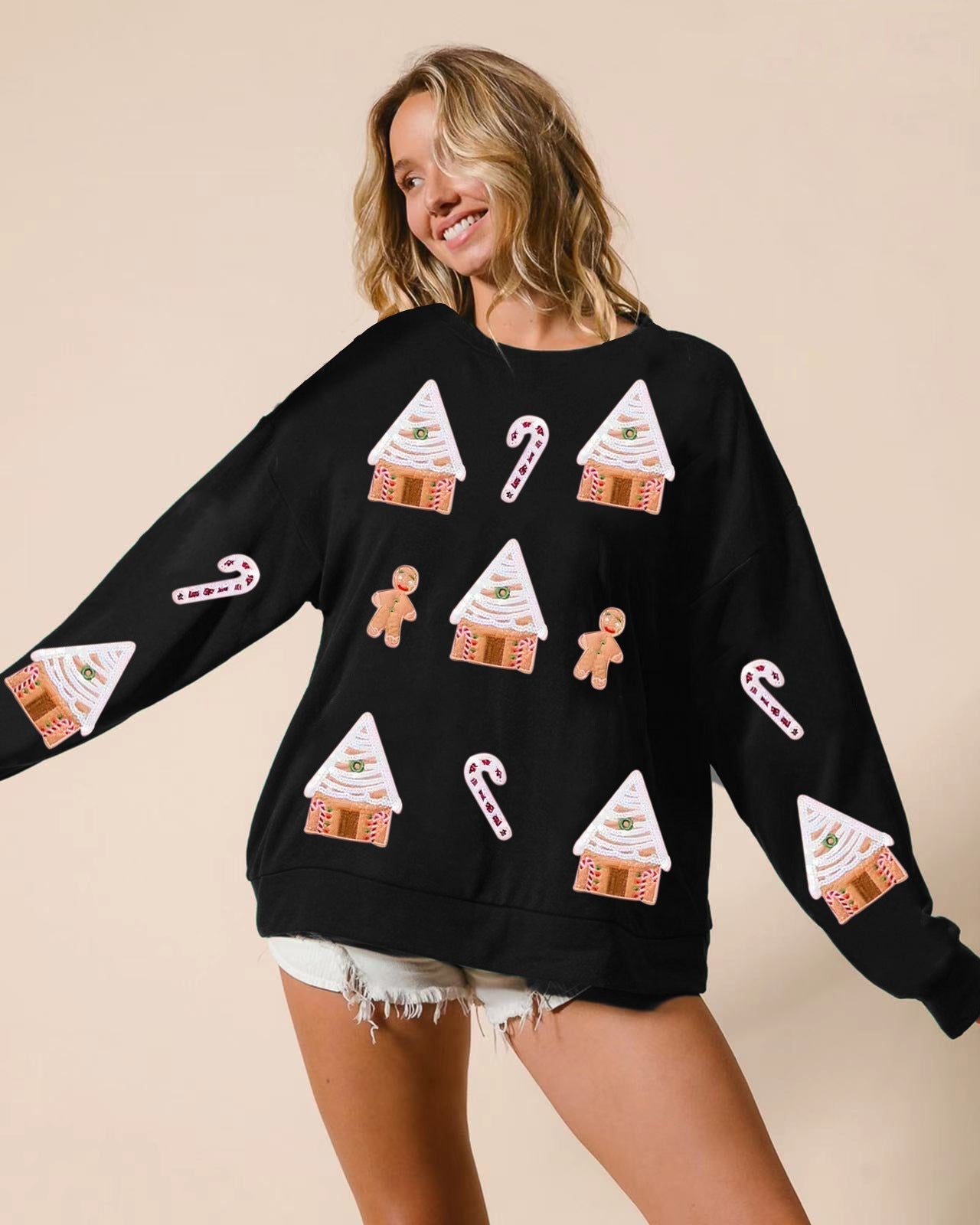 Women's Festive Sequin Christmas House Pullover Sweater