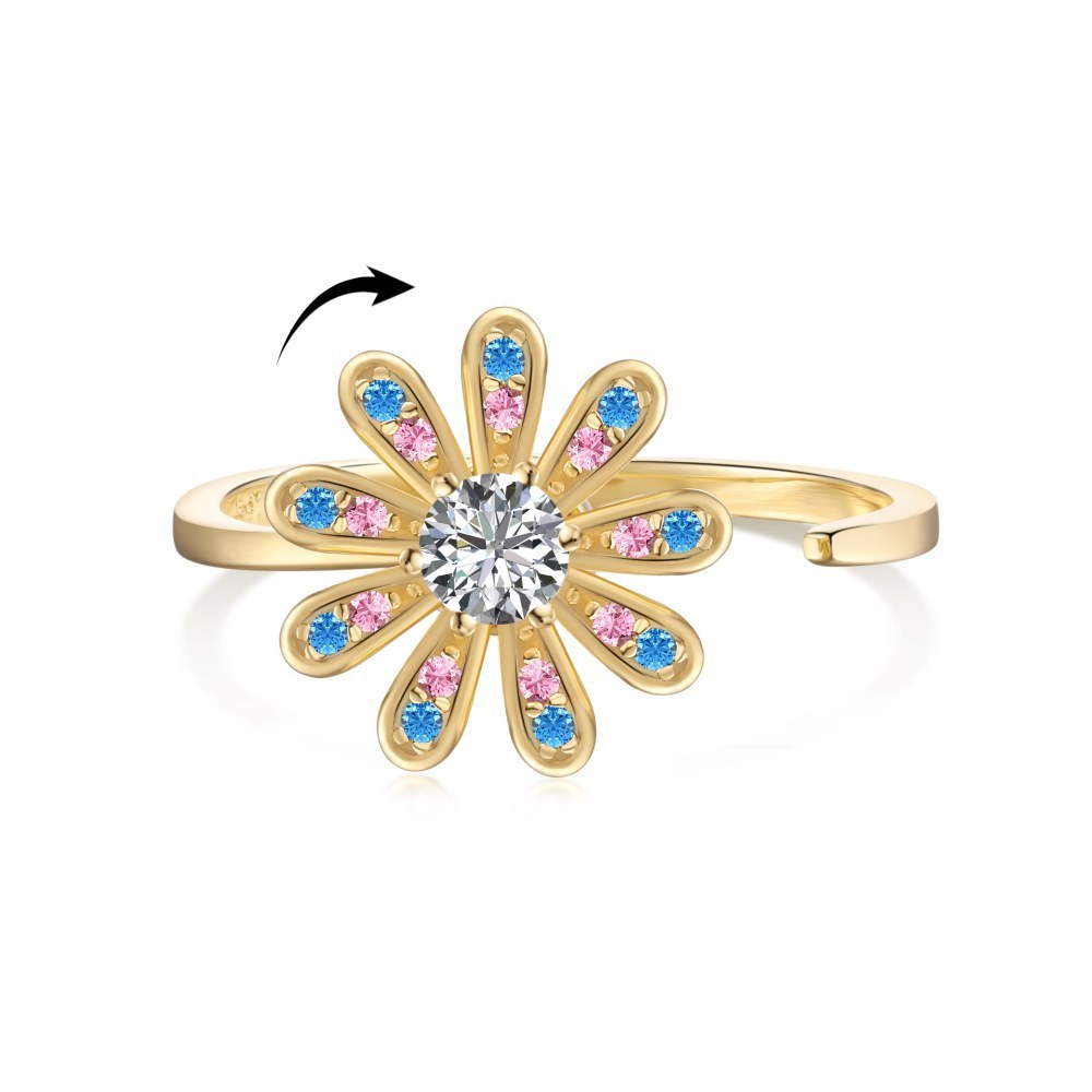 Sterling Silver Rotatable Flower Diamond Decompression Ring
