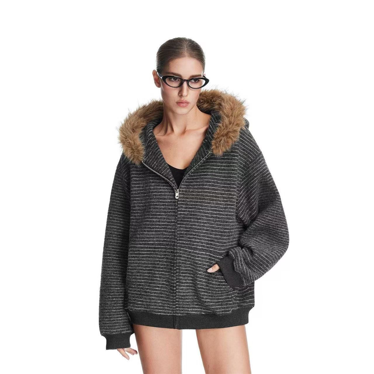 Vintage Fur Collar Couple Hooded Zipper Cardigan Sweater