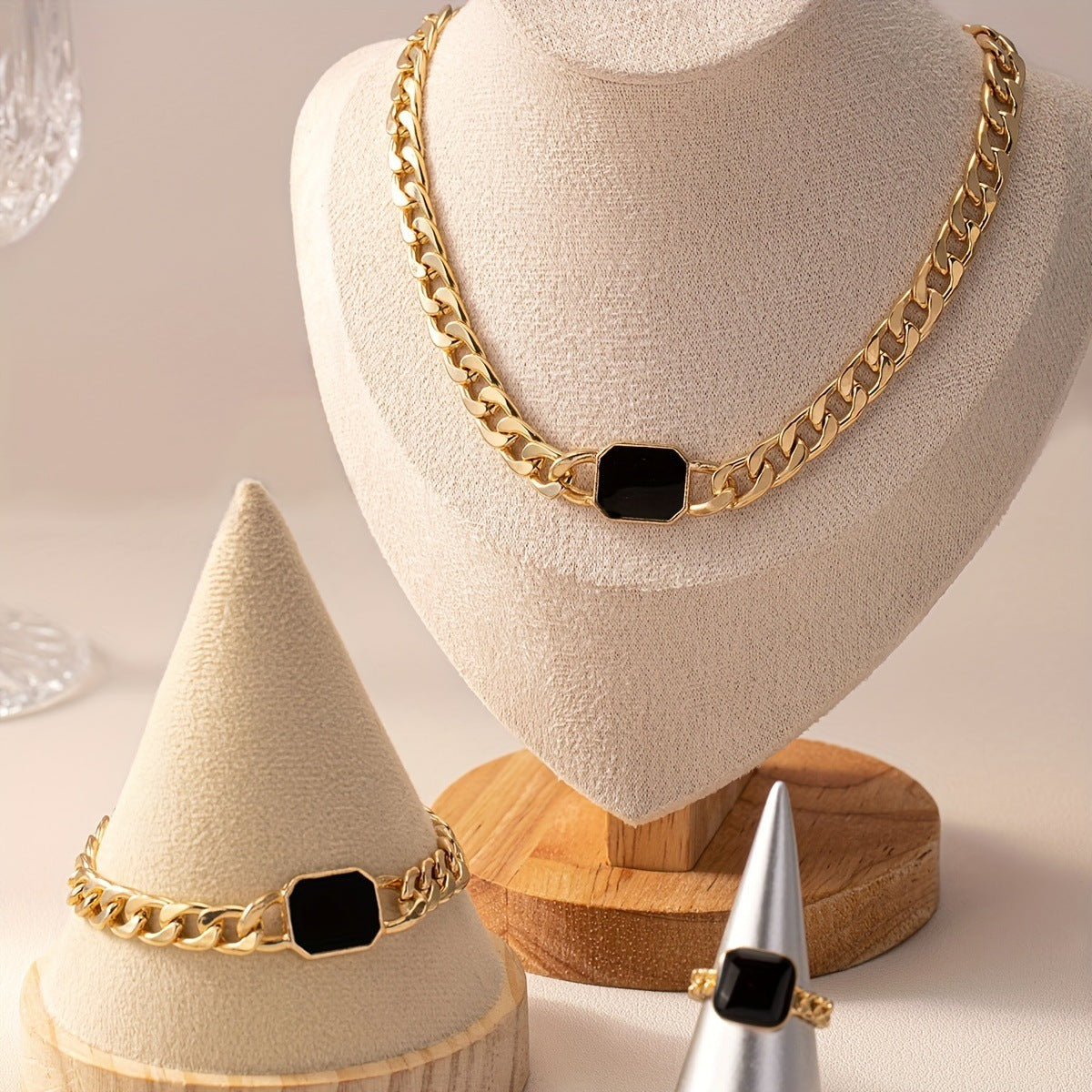 Minimalist Square Design Chain Necklace, Bracelet, and Ring Set