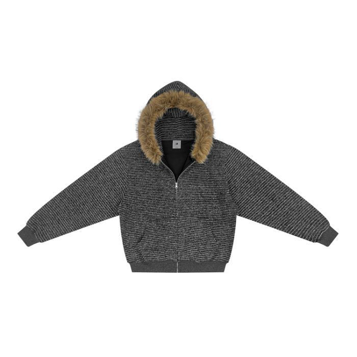 Vintage Fur Collar Couple Hooded Zipper Cardigan Sweater