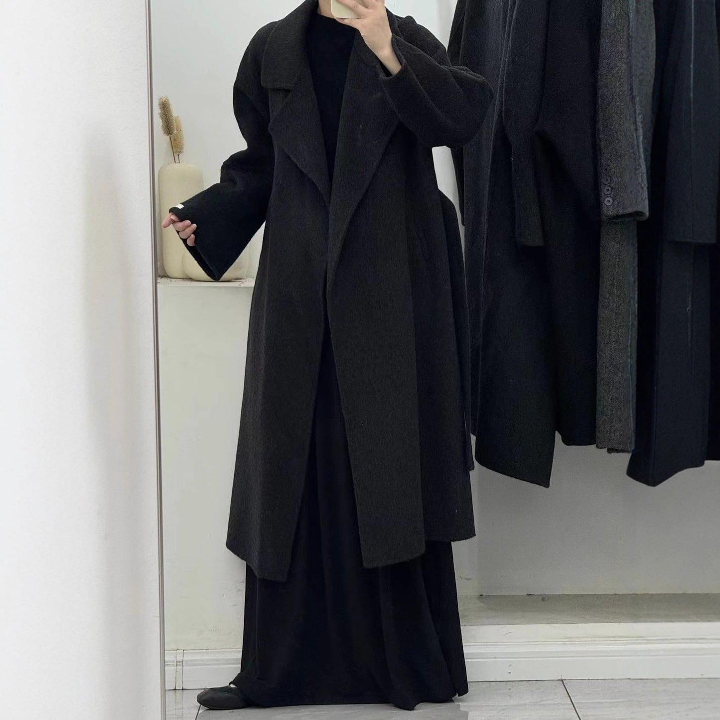 Elegant Tie-Waist Woolen Outerwear