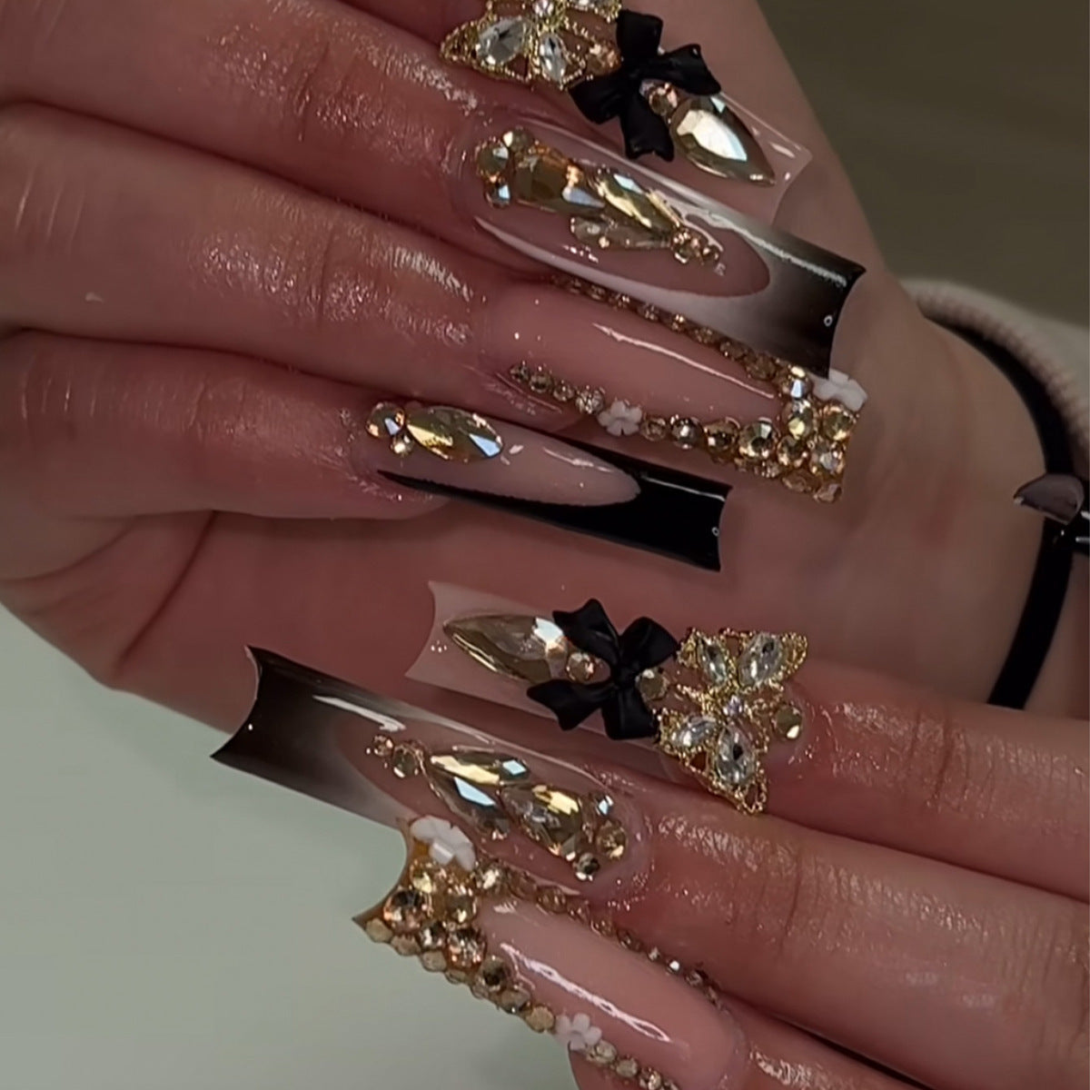 Wearable Black French Rectangle Fake Nails