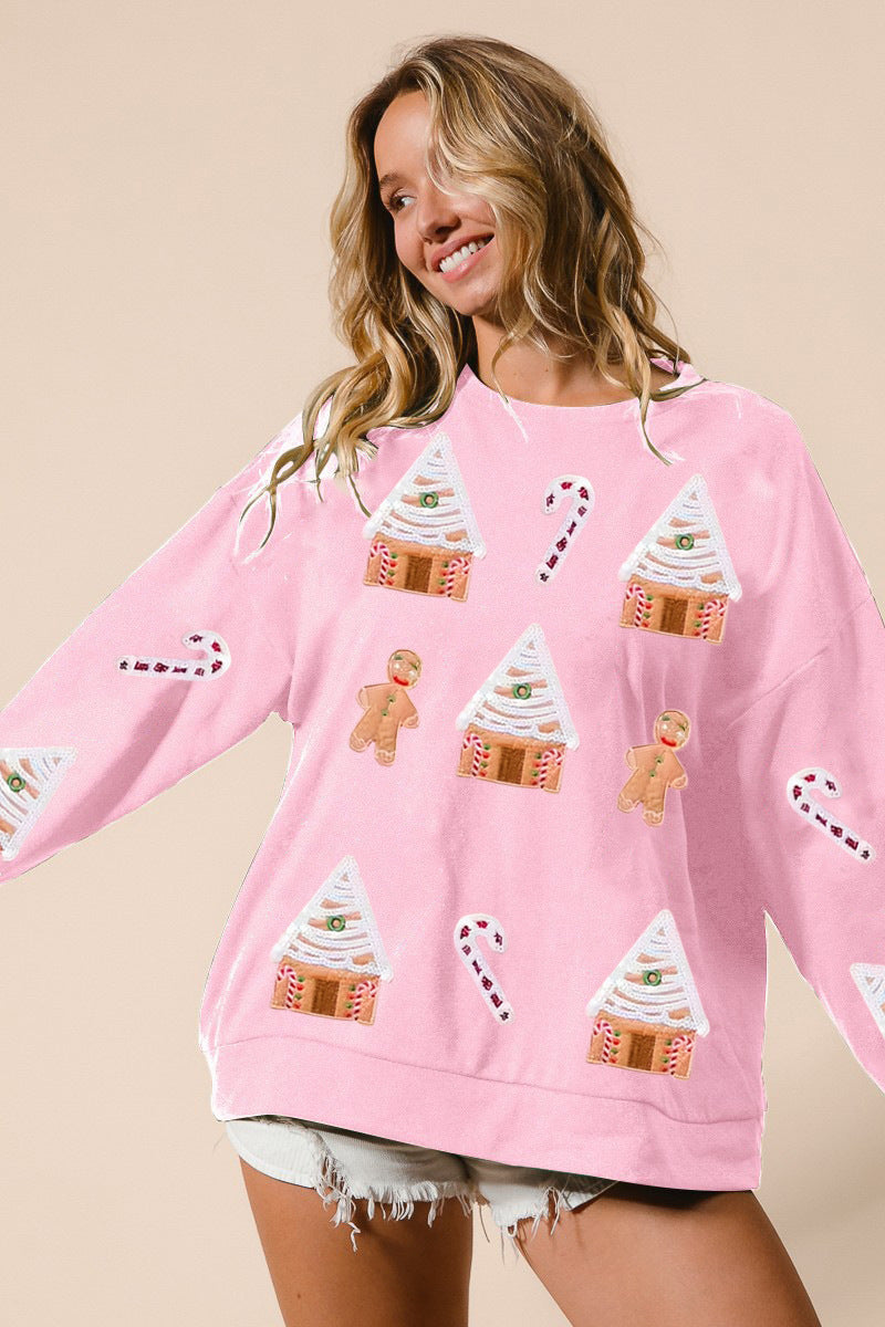 Women's Festive Sequin Christmas House Pullover Sweater