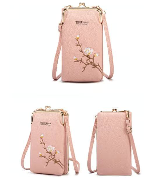 Women Sling Crossbody Wallet in pink with floral design and gold accents, perfect for stylish everyday use.