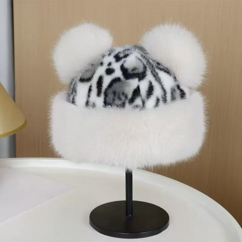 Leopard Pattern Bear Ear Thick Warm Fisherman Bucket Hat
