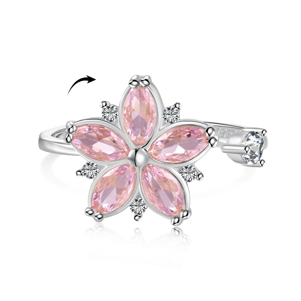 Sterling Silver Rotatable Flower Diamond Decompression Ring