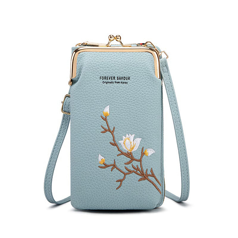 Women Sling Crossbody Wallet in blue with floral embroidery and adjustable strap.