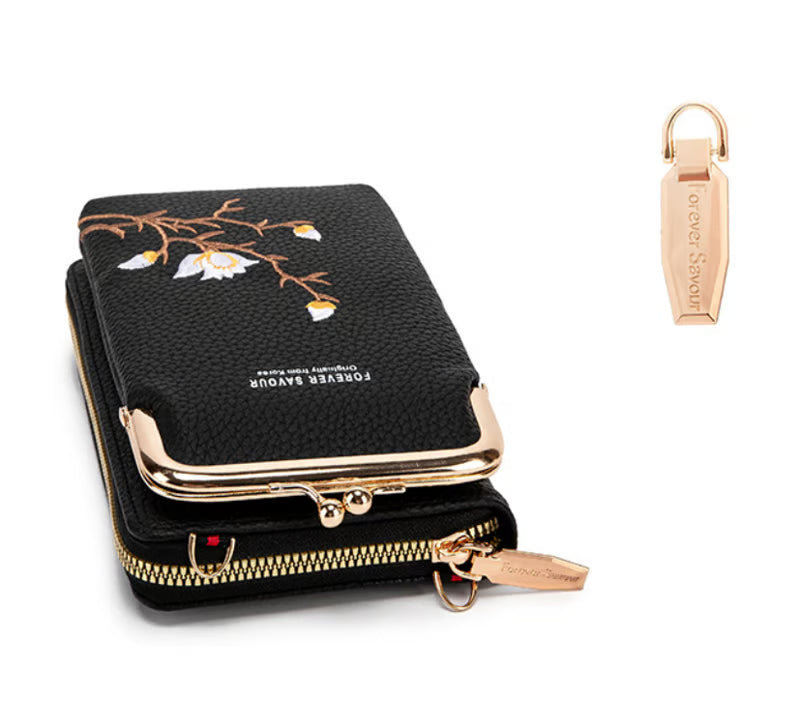 Women Sling Crossbody Wallet in black leather with floral design and gold accents, stylish and compact for everyday use.