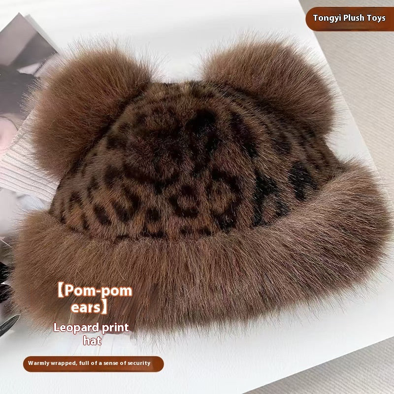 Leopard Pattern Bear Ear Thick Warm Fisherman Bucket Hat