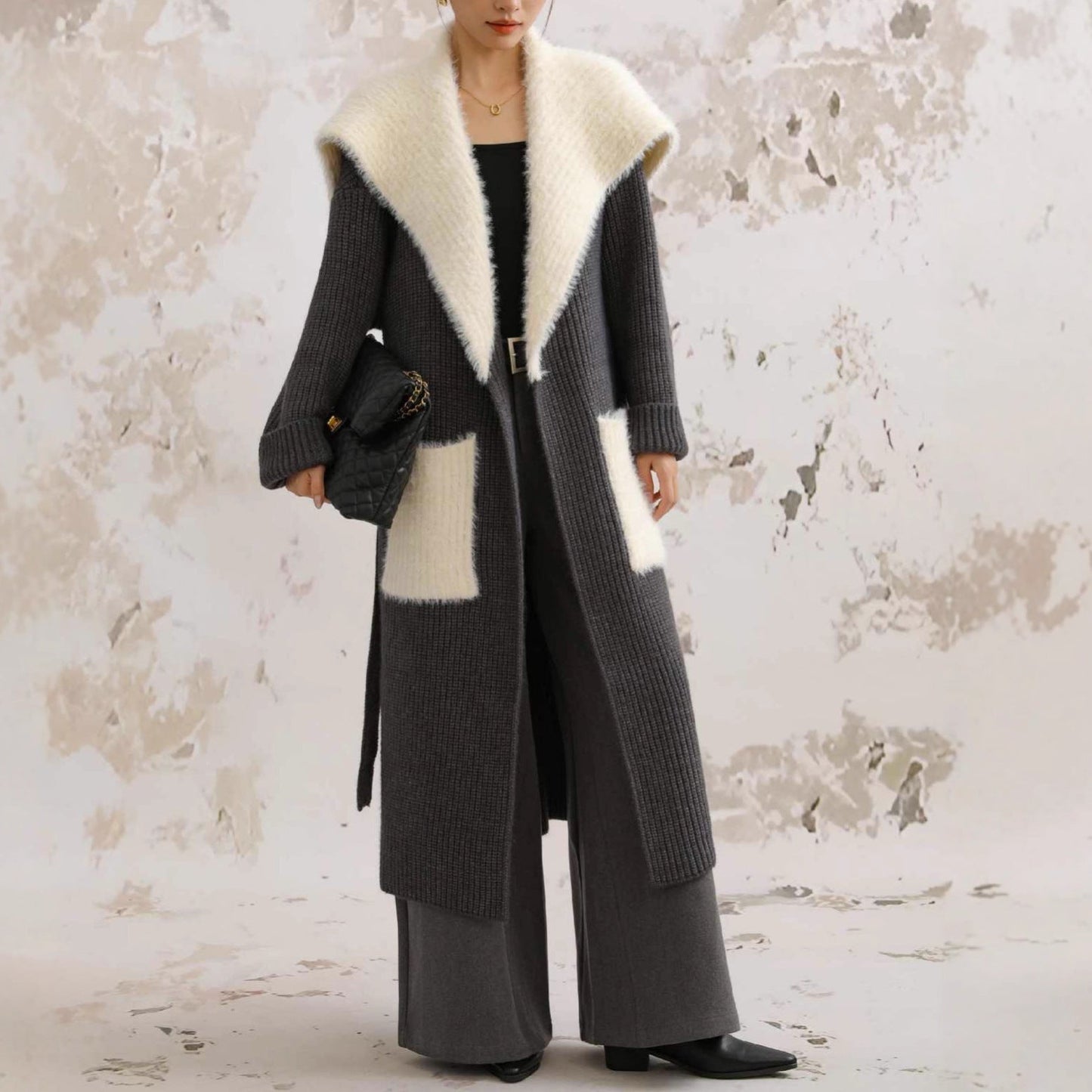 Women's Stitching Knitted Coat with Fur Collar