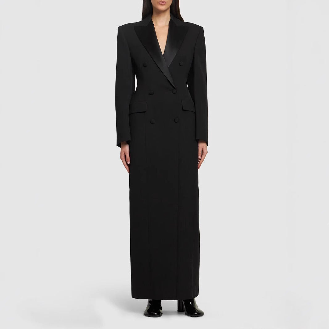 Women's Fashion Satin Inlaid Collar Black Trench