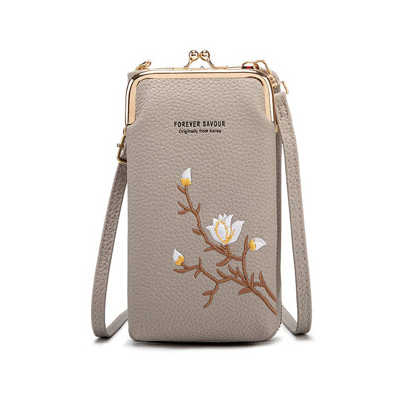 Women Sling Crossbody Wallet with floral embroidery in gray, stylish and compact design for everyday use.