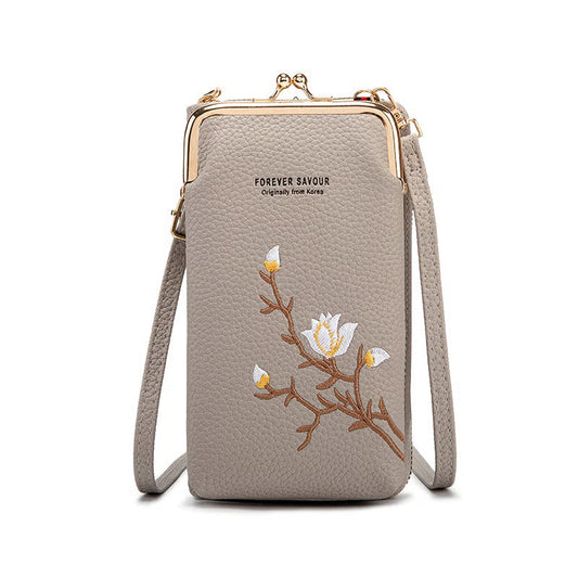 Women Sling Crossbody Wallet with floral embroidery in gray, stylish and compact design for everyday use.