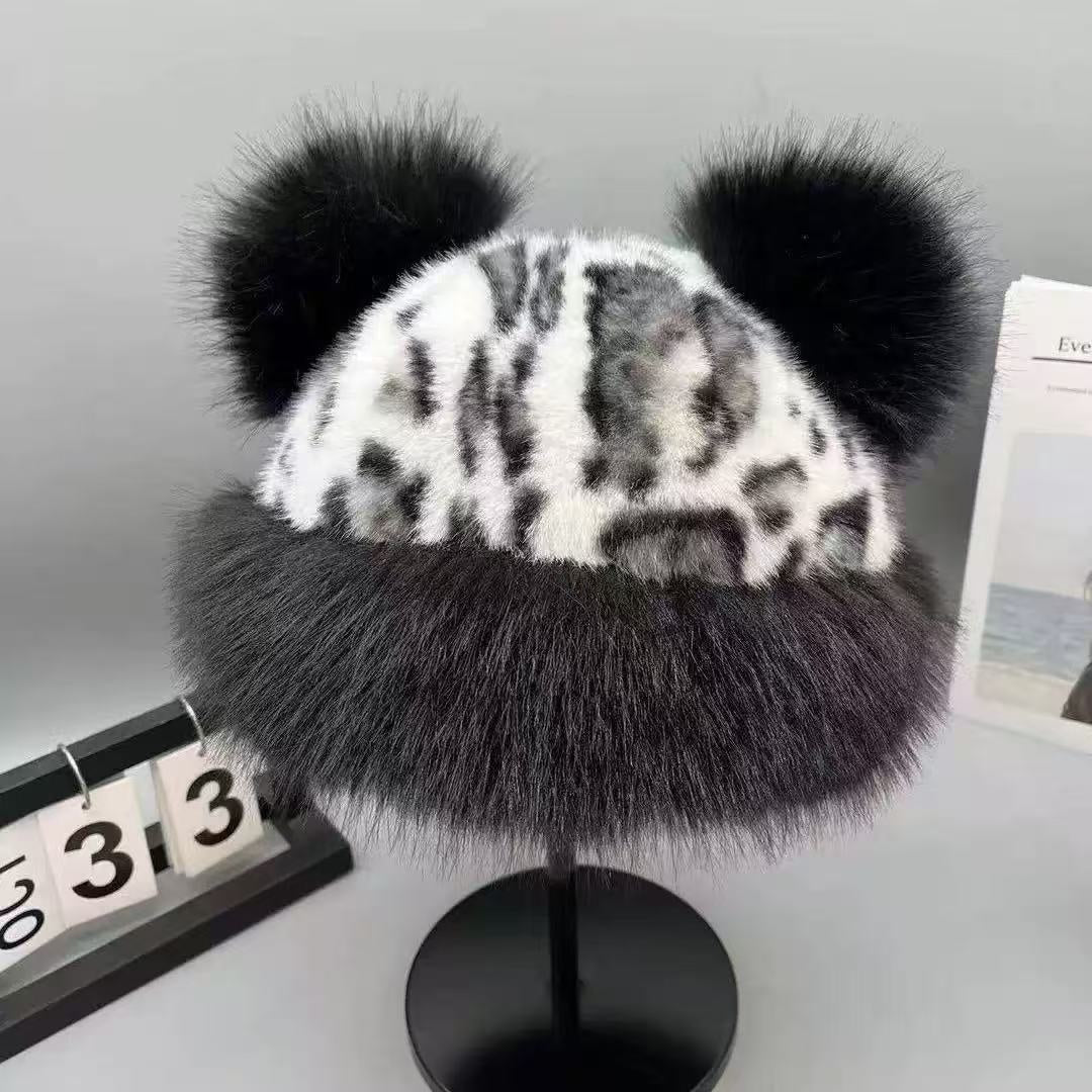 Leopard Pattern Bear Ear Thick Warm Fisherman Bucket Hat