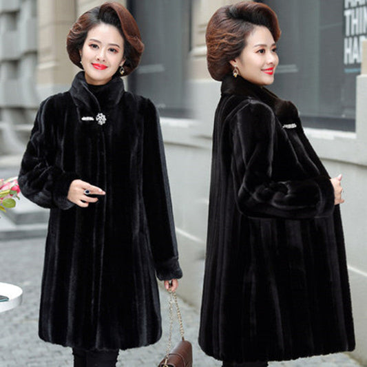 Women's Warm Long Faux Mink & Leather Jacket