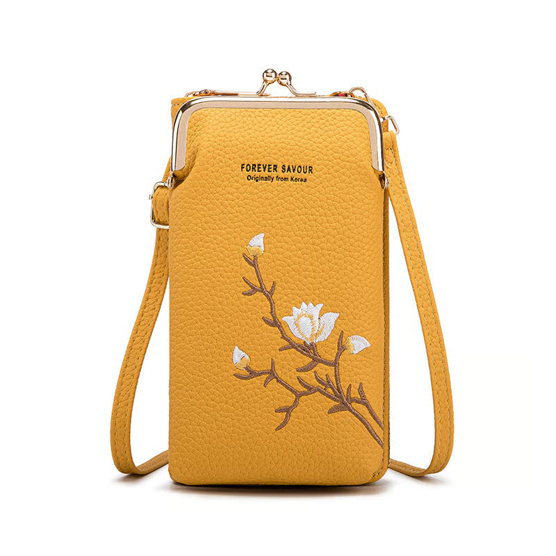 Stylish Women Sling Crossbody Wallet in yellow with floral design, perfect for modern functionality and fashion.