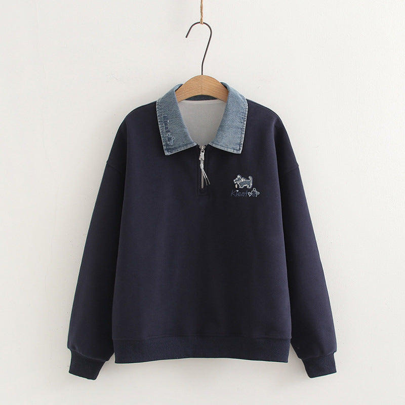 Trendy Polo Collar Stitching Pullover Sweater