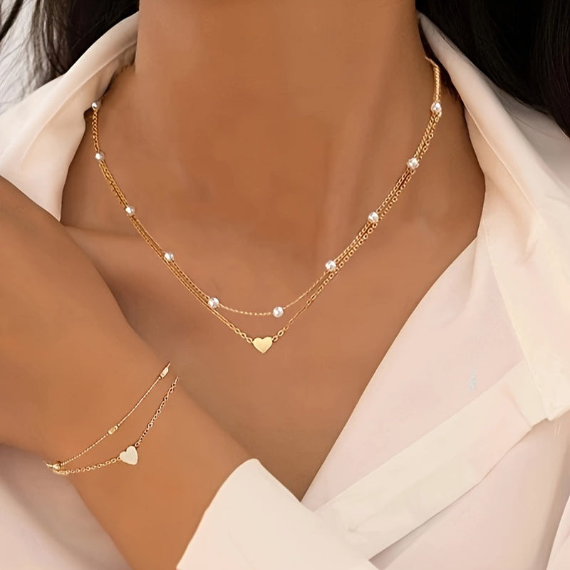 Double-Layer Stacked Round Bead & Pearl Bracelet/Necklace Set