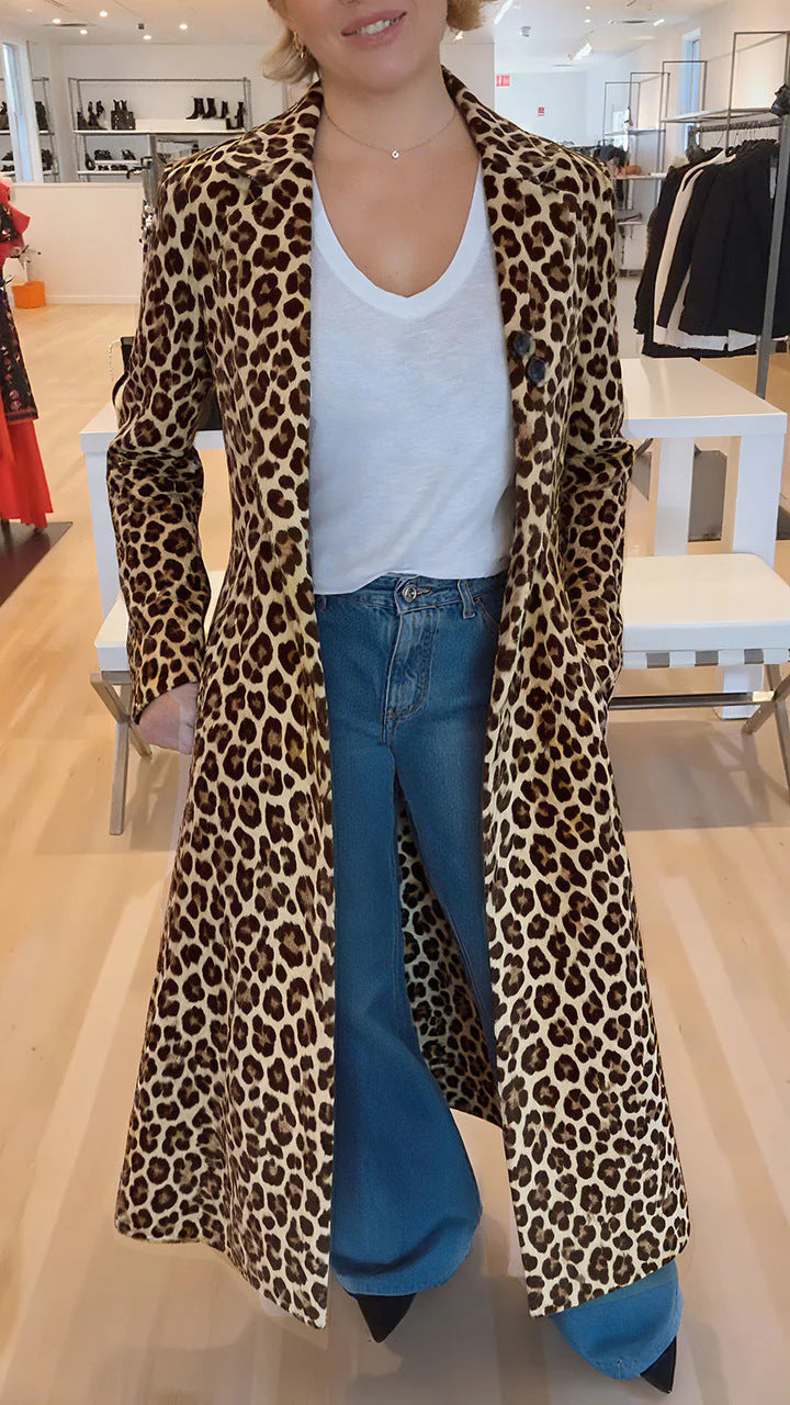 Women's Leopard Print Lapel Trench Coat