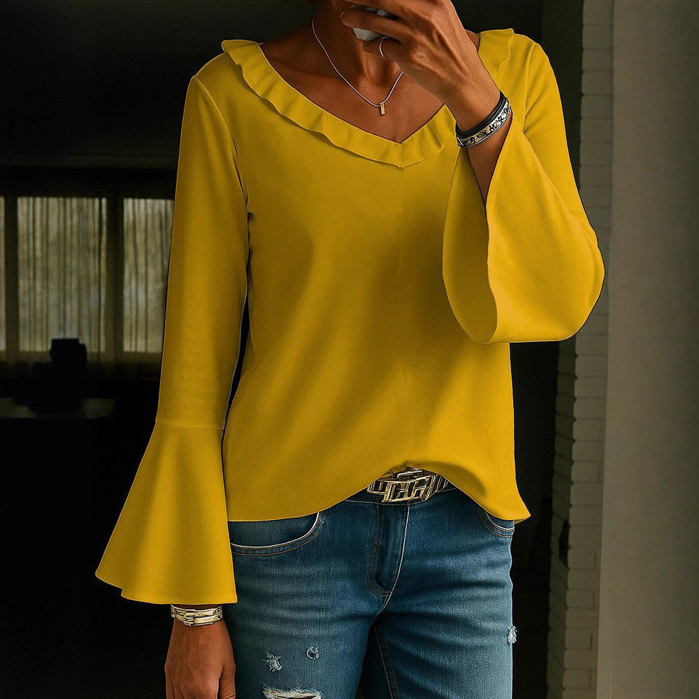 Casual Loose V-Neck Long Sleeve T-Shirt