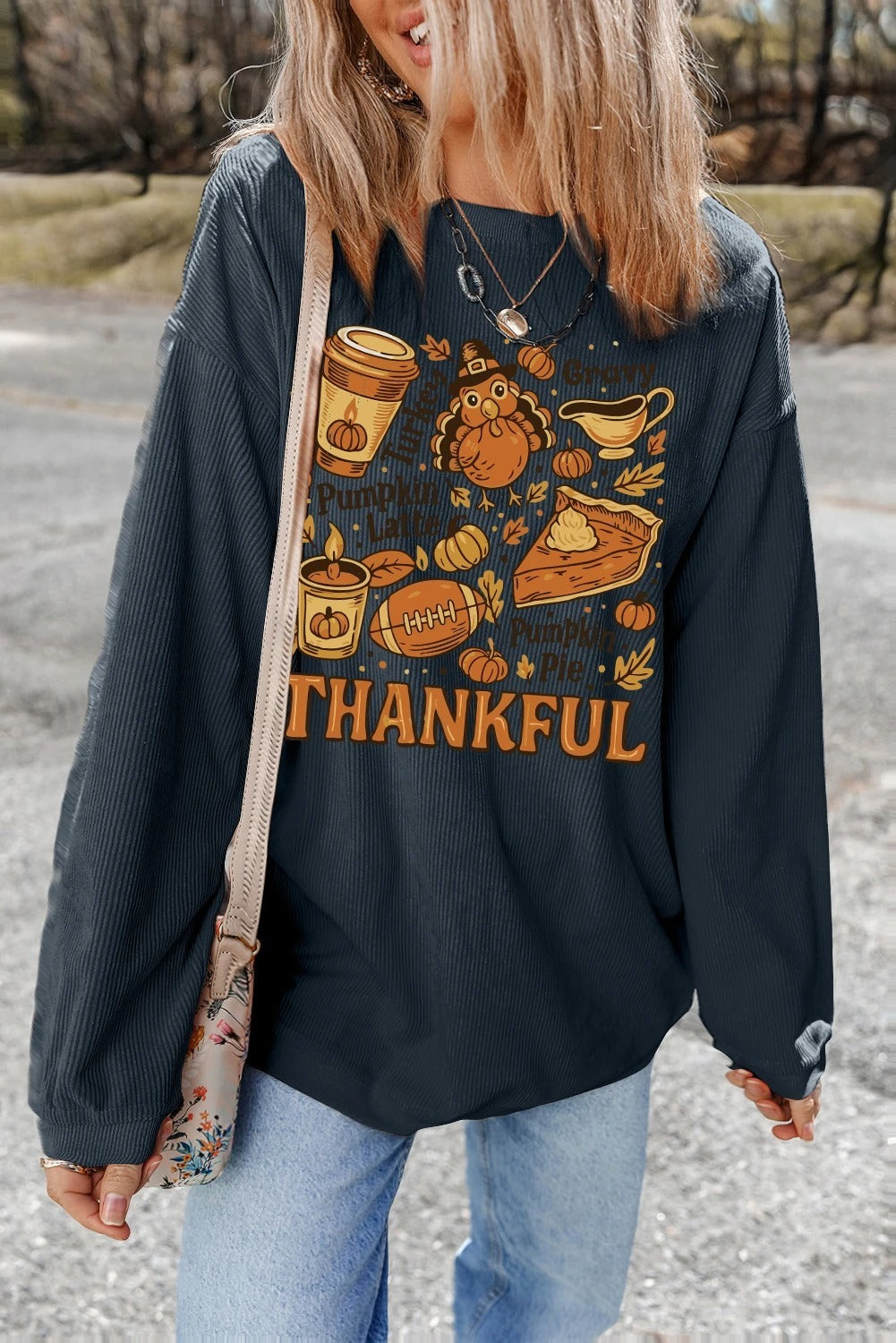 Basic Solid Color Long Sleeve Loose Sweater with Print