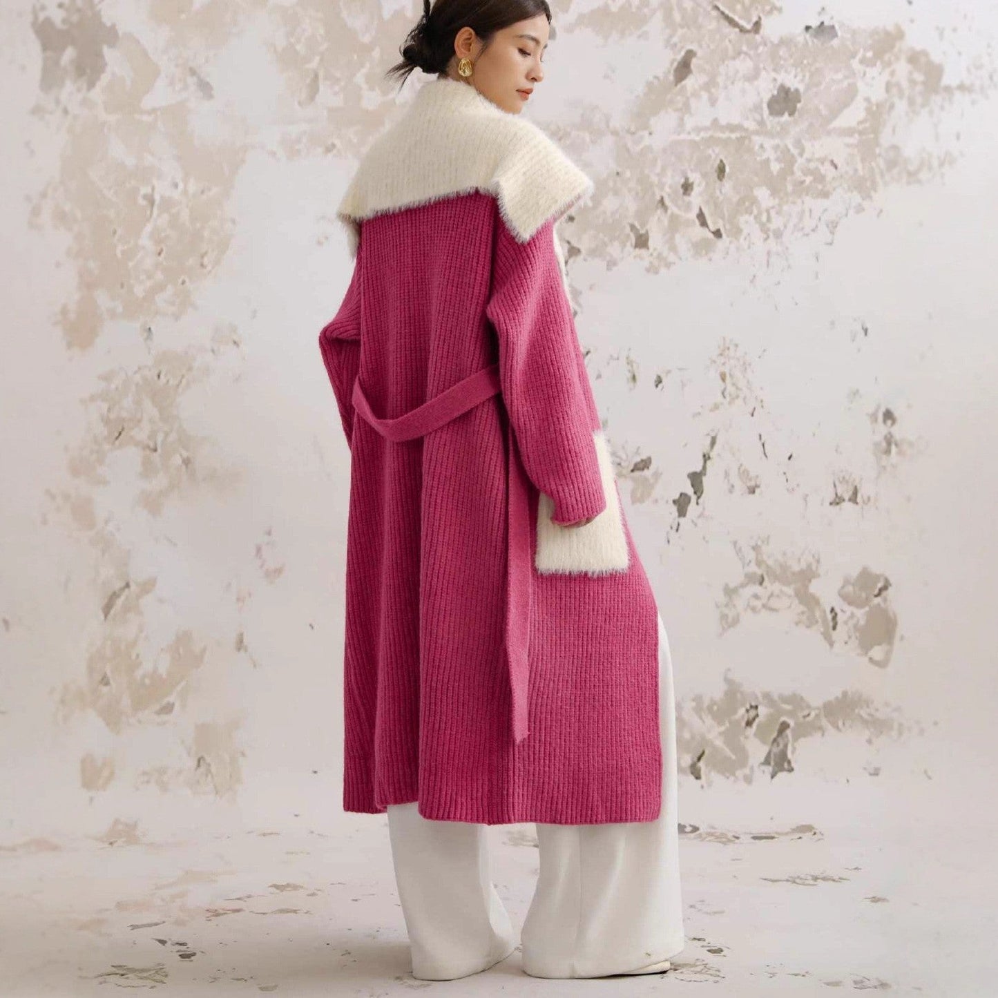 Women's Stitching Knitted Coat with Fur Collar