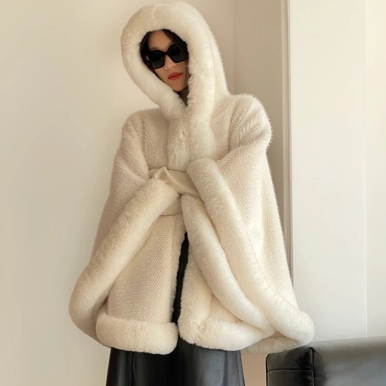 Fleece-Lined Cloak Shawl with Faux Fur Collar