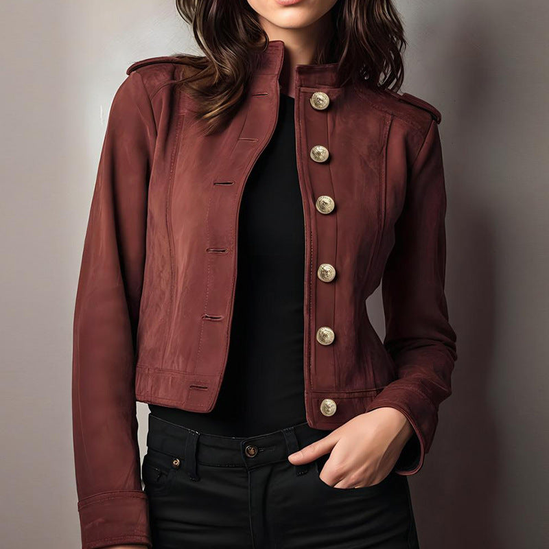 Fashion Long Sleeve Short Suede Coat